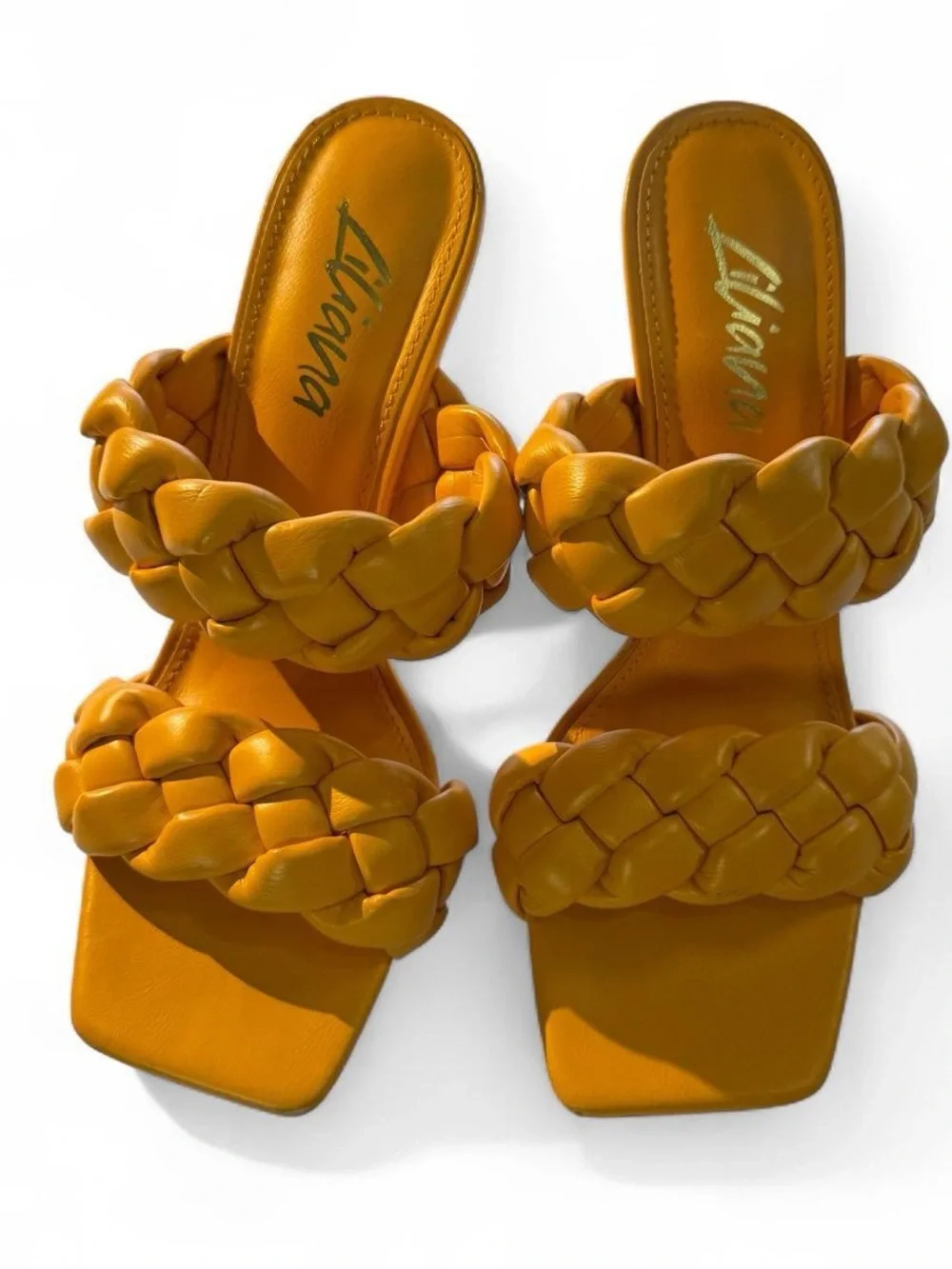 Orange Braided Strappy Square Toe Heeled Mules Women's 7.5 Block Heel Sandals
